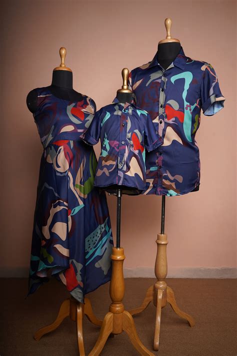 Abstract Print Family Twinning Outfit Set – Navy Dress & Casual Shirts ...