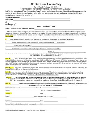 VT Birch Grove Crematory Cremation Authorization & Informational Form ...