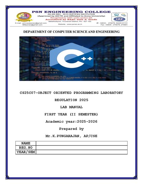 CS25C07 Object Oriented Programming Lab Manual (R-2025) - Studocu