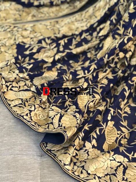 Designer Navy Gold Hand Embroidered Parsi Gara Dupatta – Dress365days