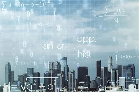 Double exposure of scientific formula hologram on los angeles city ...