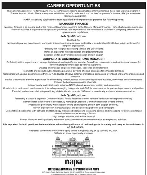NAPA Karachi Manager Finance & Corporate Communications Manager Jobs ...