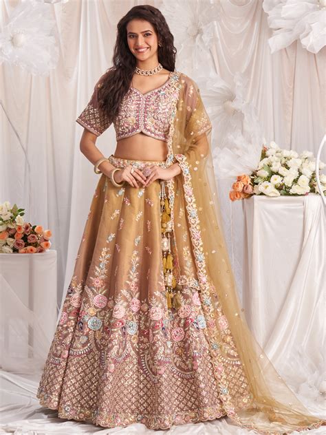 Mustard-Rosegold Color Bridal Net Embroidered Gotta Patti Work Using G ...