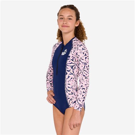 Girls’ surfing front zip long sleeve one-piece swimsuit - 500 Lucy ...