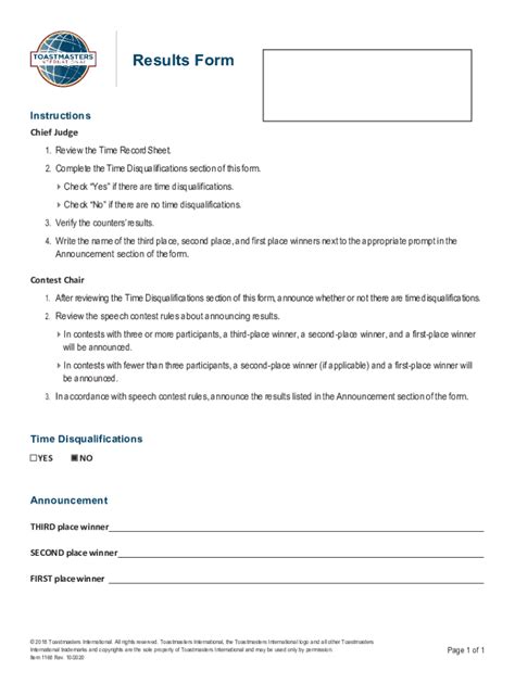 Fillable Online 1168 Results Form - D25 Toastmasters Fax Email Print ...