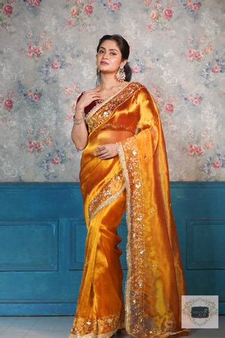 Fiery Gold Zari Tissue Anaya Saree for Indian Wedding - kreationbykj