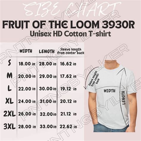 Fruit of the Loom 3930R Size Chart | Size Chart for Unisex HD Cotton T ...