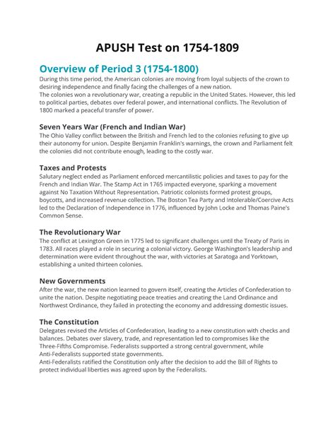 Apush Test Review on 1754-1809 - APUSH Test on 1754- Overview of Period ...