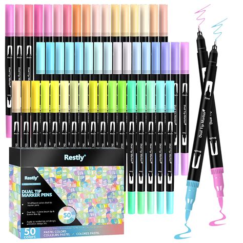 Buy RESTLY 50 Pastel Colors Brush Markers Pens for Adult Coloring Books ...