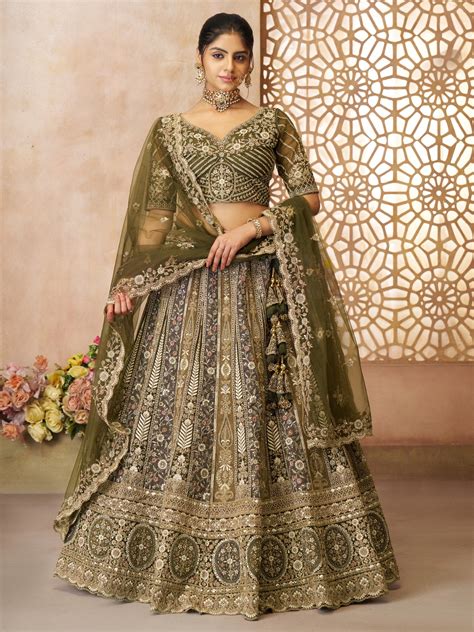 Buy Glamorous Mehendi Green Net Wedding Lehenga Choli From Ethnic Plus