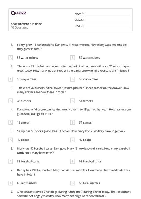 50+ Addition Word Problems worksheets for 1st Class on Quizizz | Free ...