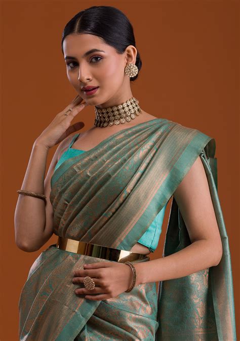 Buy Sea Green Zariwork Soft Silk Saree - Koskii