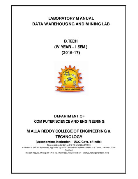 CSE IV-I SEM - Notes - LABORATORY M ANUAL DATA WAREHOUSING AND M INING ...