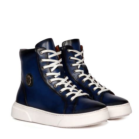 Metal Lion High Ankle Blue Leather Lace-Up Zip Closure Sneaker With E.