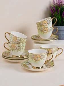 JCPL Fine Ceramic Gold Printed Cup & Saucer Set of 12 (6 Cups + 6 ...