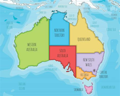 Vector illustrated map of Australia with regions and administrative divisions, and neighbouring ...