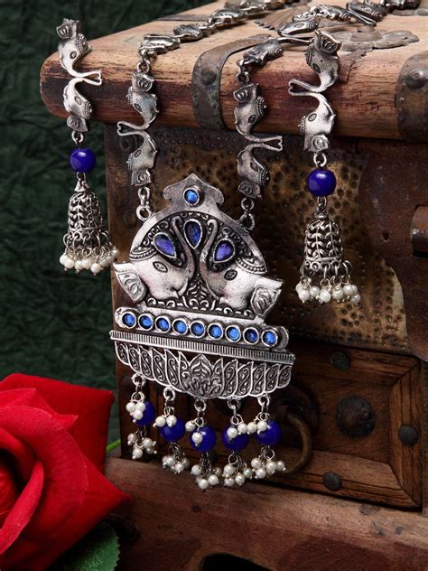 Oxidised Silver-Plated Blue Crystal-Studded & Pearl Beaded Temple Jewe