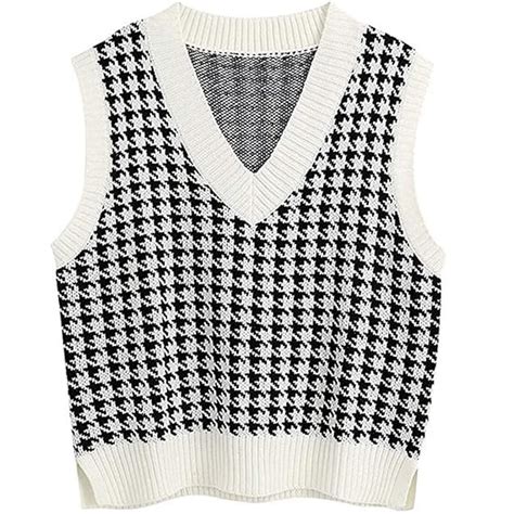 Buy Jlihang Oversized Houndstooth Knitted Vest Sweater Vintage V Neck ...