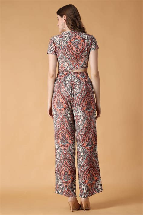 Rangoli Print Co-ord Set: Crop Top & Pyjama in Viscose Crepe, Slip On ...