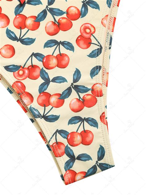 Seamolly Vintage Fruit Cherry Print Bow Decor Triangle Bikini Set