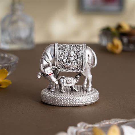Kamdhenu Cow with Calf Idol – Silver Kamadhenu for Vastu & Home Decor