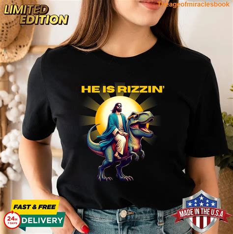 He Is Rizzen Jesus Has Rizzen Retro Christian Dinosaur T-shirt