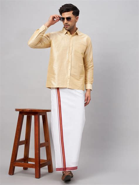 VM By VASTRAMAY Men's Gold And White Silk Blend Shirt And Mundu Set ...
