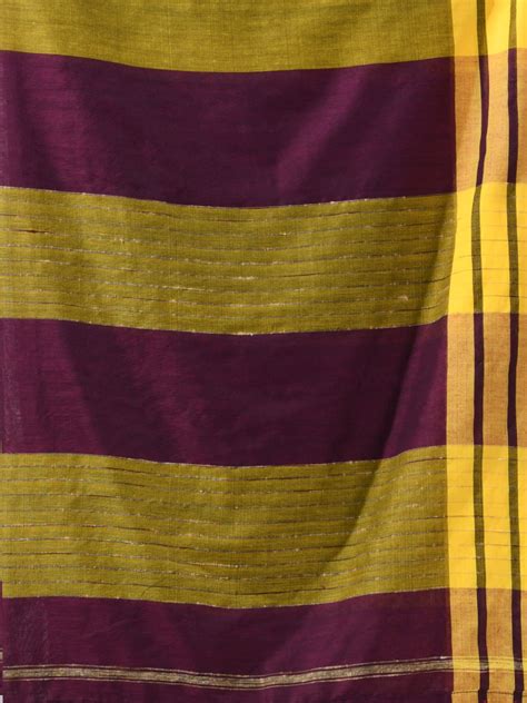 Plum Purple Cotton Saree with Stripe Border – Charukriti