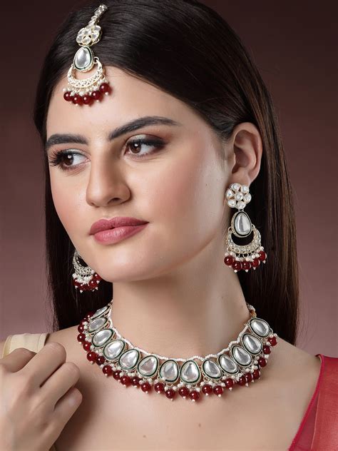 Karatcart Traditional Gold Plated Red Beads Polki Kundan Choker Neckla