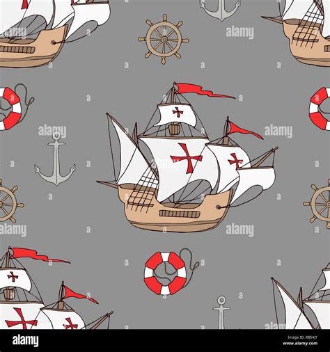 Seamless pattern maritime theme. The ship and other elements are ...