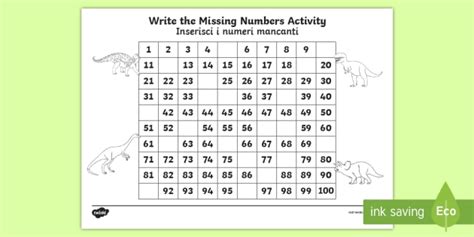 Dinosaur Themed Missing Numbers Number Square 1 100 English/Italian ...