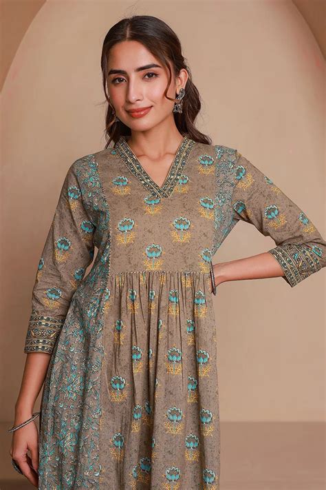 Grey Floral Print Midi Pure Cotton Ethnic Dress with Gotta Work Detail ...