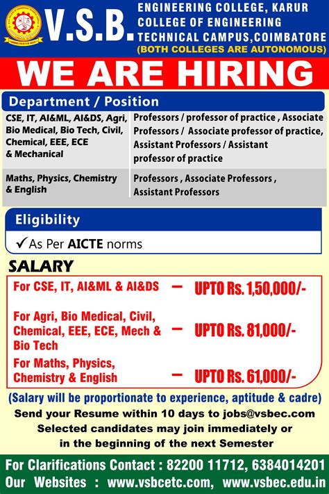 VSBEC Coimbatore Biotech Faculty Jobs
