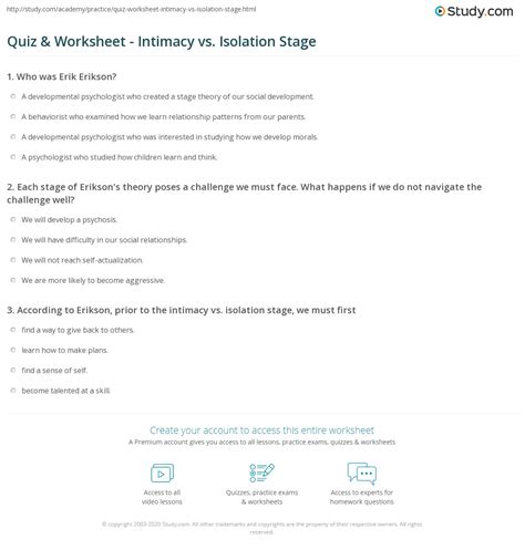 Quiz & Worksheet - Intimacy vs. Isolation Stage | Study.com
