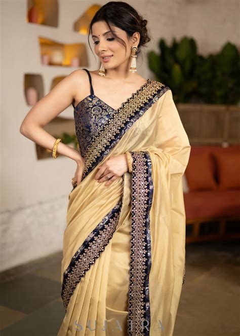 Beautiful Golden Chanderi Saree Highlighted With Contrast Lace And Mat ...