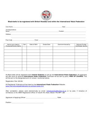 Fillable Online BWK Blackbelt Registration Application Form Fax Email ...