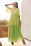 Buy Green Satin, Silk Chiffon High Neck Colorblock Tiered Dress With ...