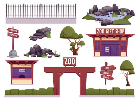 Zoo landscape elements vector illustration in cartoon style. Wooden zoo ...