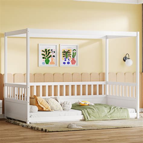 Harper Orchard Canopy Bed Frame with Guardrails for Kids,Floor Bed Full ...