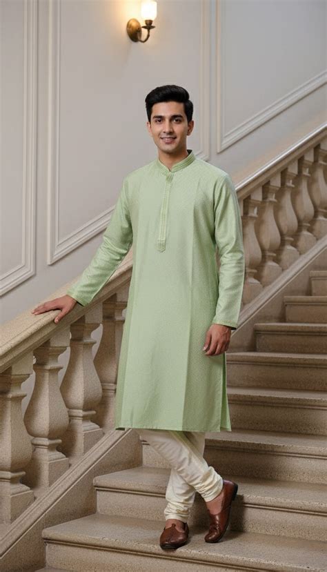 Sanwara presents a Solid Light Green Mens Kurta Set Featuring With Emb ...