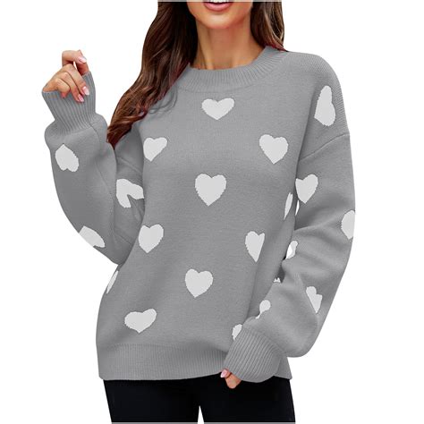 JGGSPWM Cute Heart Print Sweaters for Womens Valentines Day Tops Casual ...