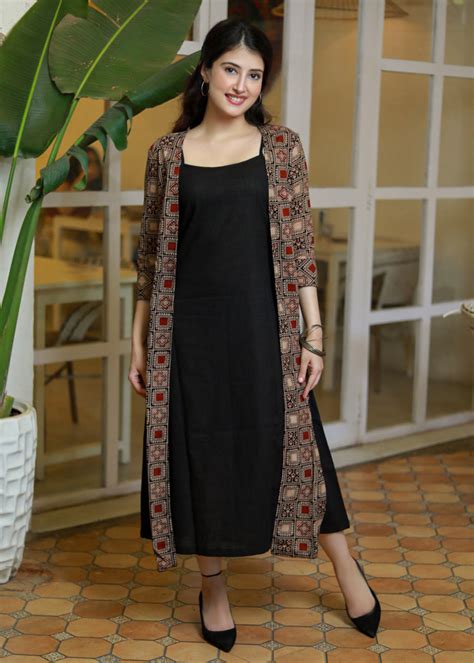Exclusive Black Cotton Slip Dress with Ajrakh Jacket – Sujatra