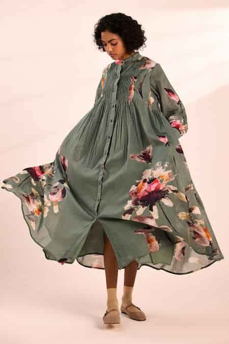 Buy Gray Voile Button-down Neck Painterly Floral Midi Dress For Women ...