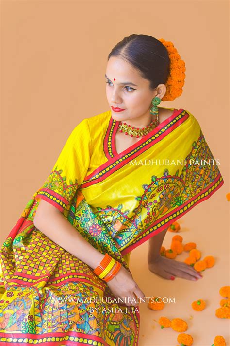 SHIV PARVATI VIVAH Hand-painted Madhubani Tussar Silk Saree Blouse Set ...