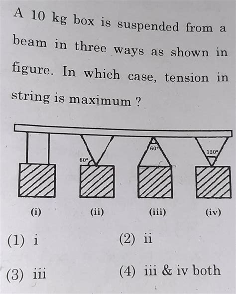 A 10 kg box is suspended from abeam in three ways as shown infigure. In ...
