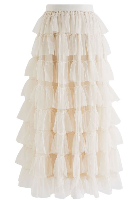 Ruffle Tiered Tulle Mesh Maxi Skirt in Cream - Retro, Indie and Unique ...