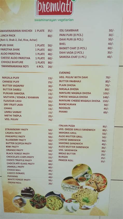 Menu at Premvati Swaminarayan Vegetarian, Ahmedabad, 2GMF+5XP