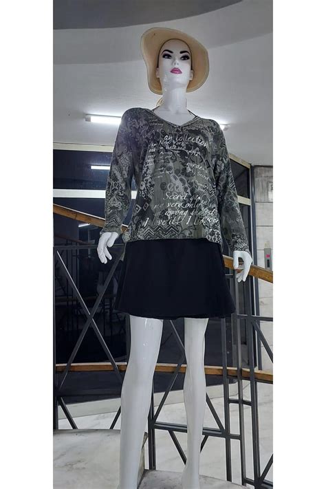 Khaki Italian V-Neck Ethnic Shawl and Script Patterned Drop Sleeve ...