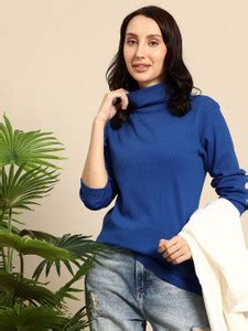 Mast & Harbour Solid Women Turtle Neck Blue T-Shirt - Buy Mast ...