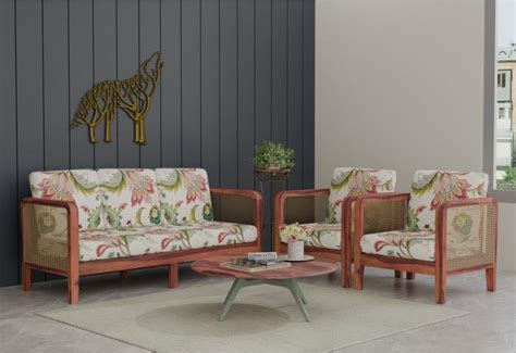 Buy Ethan 3+1+1 Seater Wooden Sofa Set ( Walnut Finish ) Online in ...